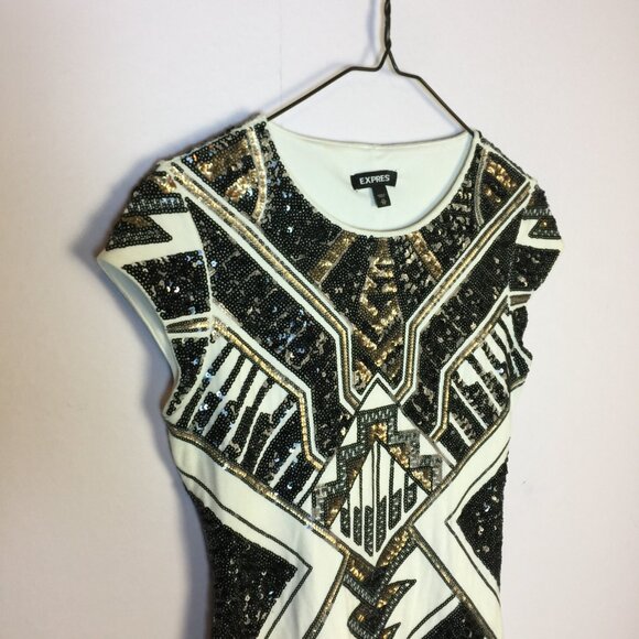 Express Mini Bodycon Dress Size XS Womans Black Gold Sequin Geometric Cap Sleeve - Picture 6 of 13